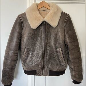 Shearling Leather Bomber Jacket - Brown